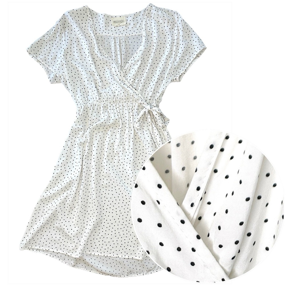Bella Ella White Black Polka Dot Faux Wrap Dress Rayon S‎ Summer Wedding Guest